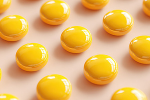 Bright yellow glossy buttons arranged in a pattern on a soft surface in natural, a Photo by AlyaAnd