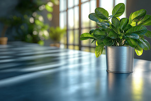 A vibrant green plant in a silver pot, casting shadows on a dark wooden table i, a Background Photo by ImageMir