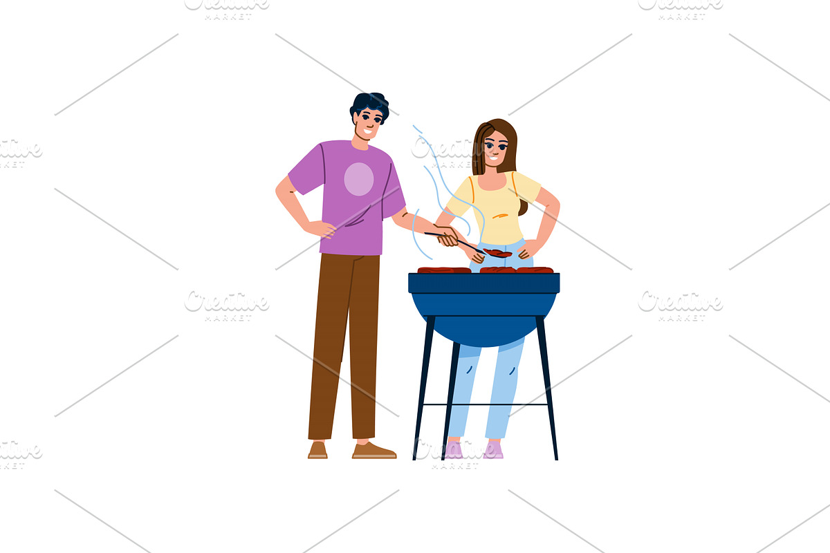 Happy couple grilling meat outdoors, an Illustration by pikepicture
