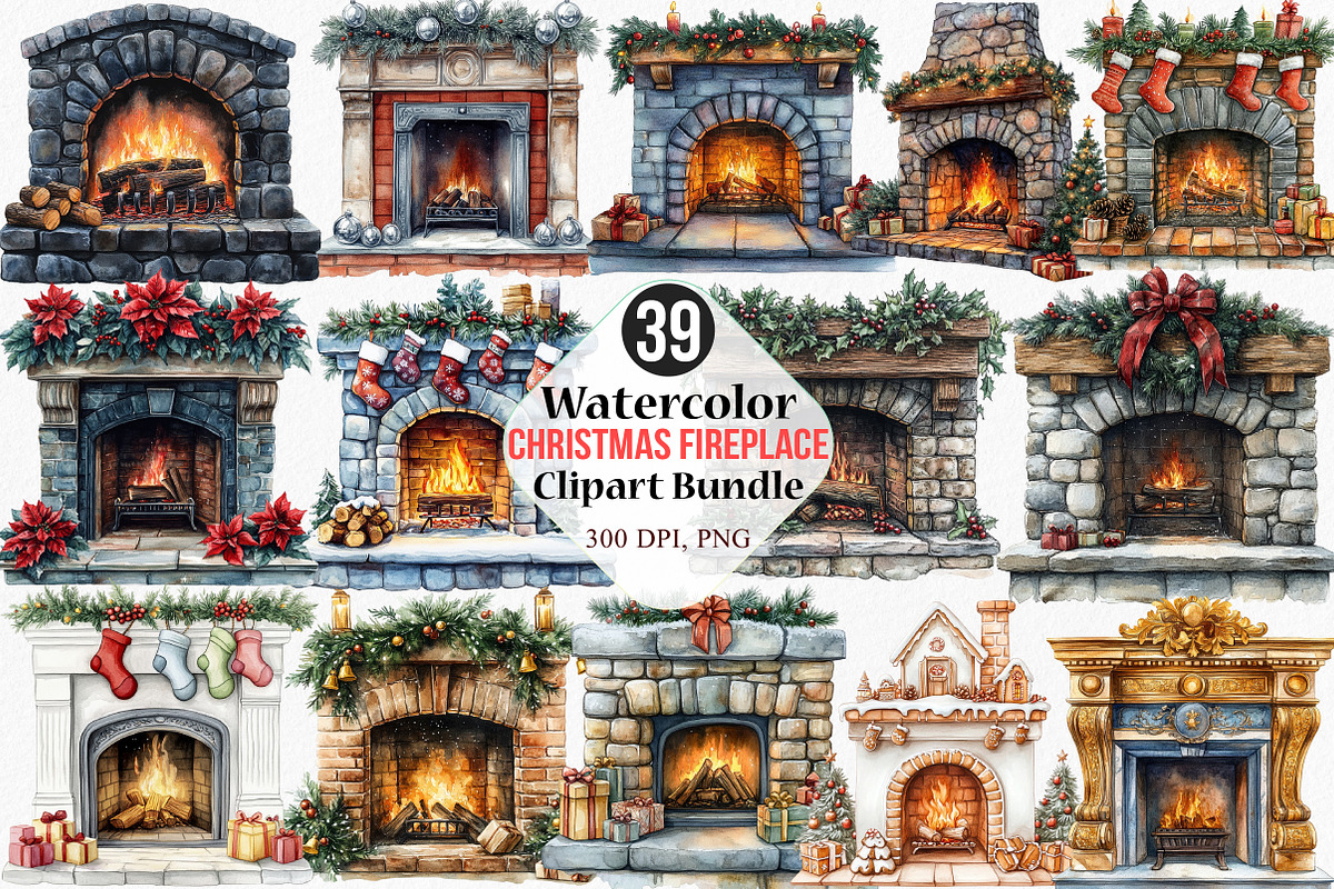 Christmas Fireplace Clipart, an Illustration by Canvas Craft (Photo 1 of 8)
