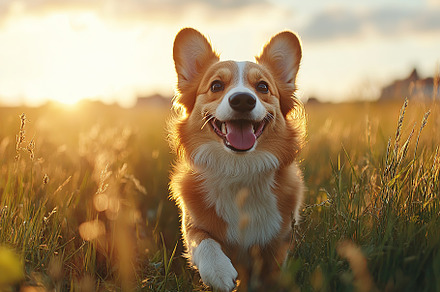 Portrait of a cute corgi dog having fun in a green meadow, an Animal Photo by AlyaAnd