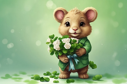 Cute little animal holding a bouquet of flowers on green backgro, an Animal Photo by Ales Munt