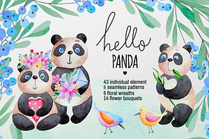 Watercolor Panda and flowers