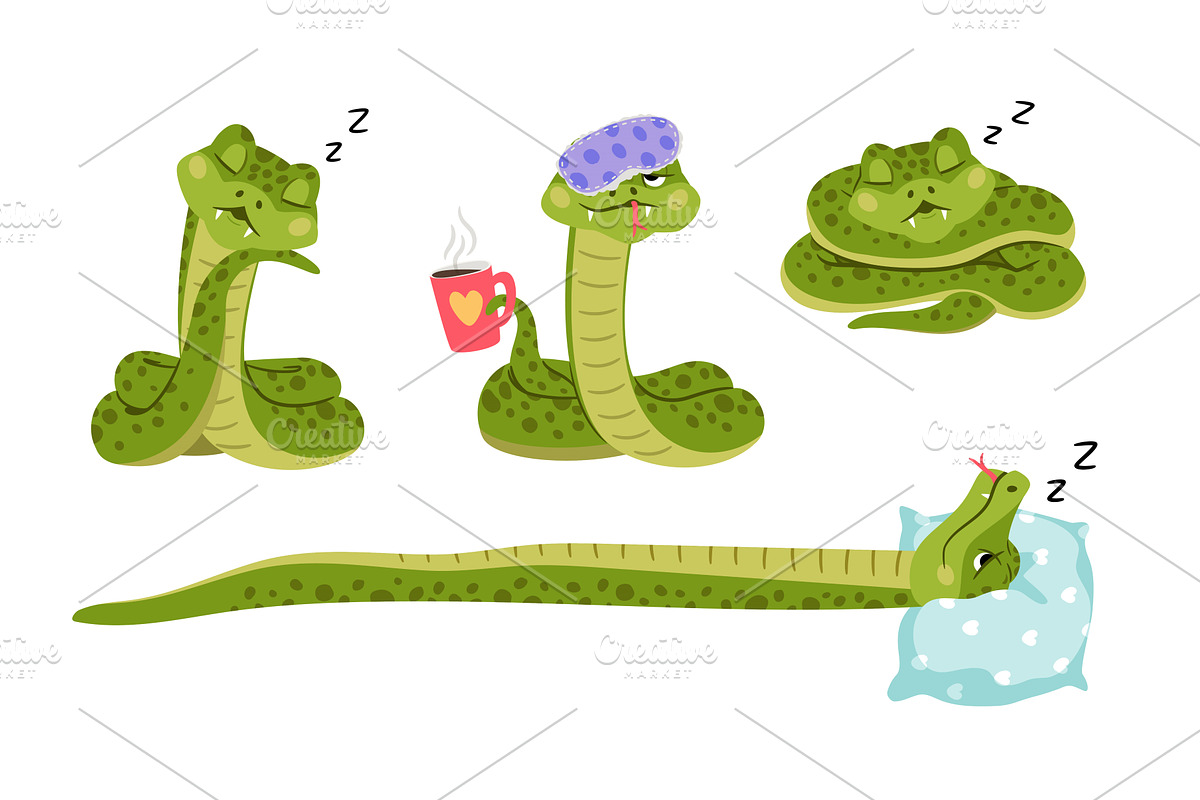 Set of cartoon green sleepy snakes, an Animal Illustration by Stock-Smart-Start