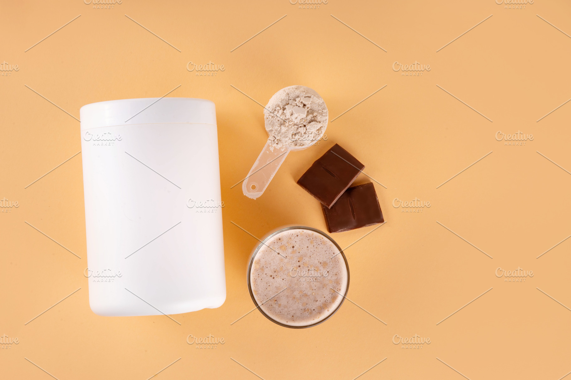 Chocolate collagen powder and drink on beige background, a Food & Drink Photo by Rimma