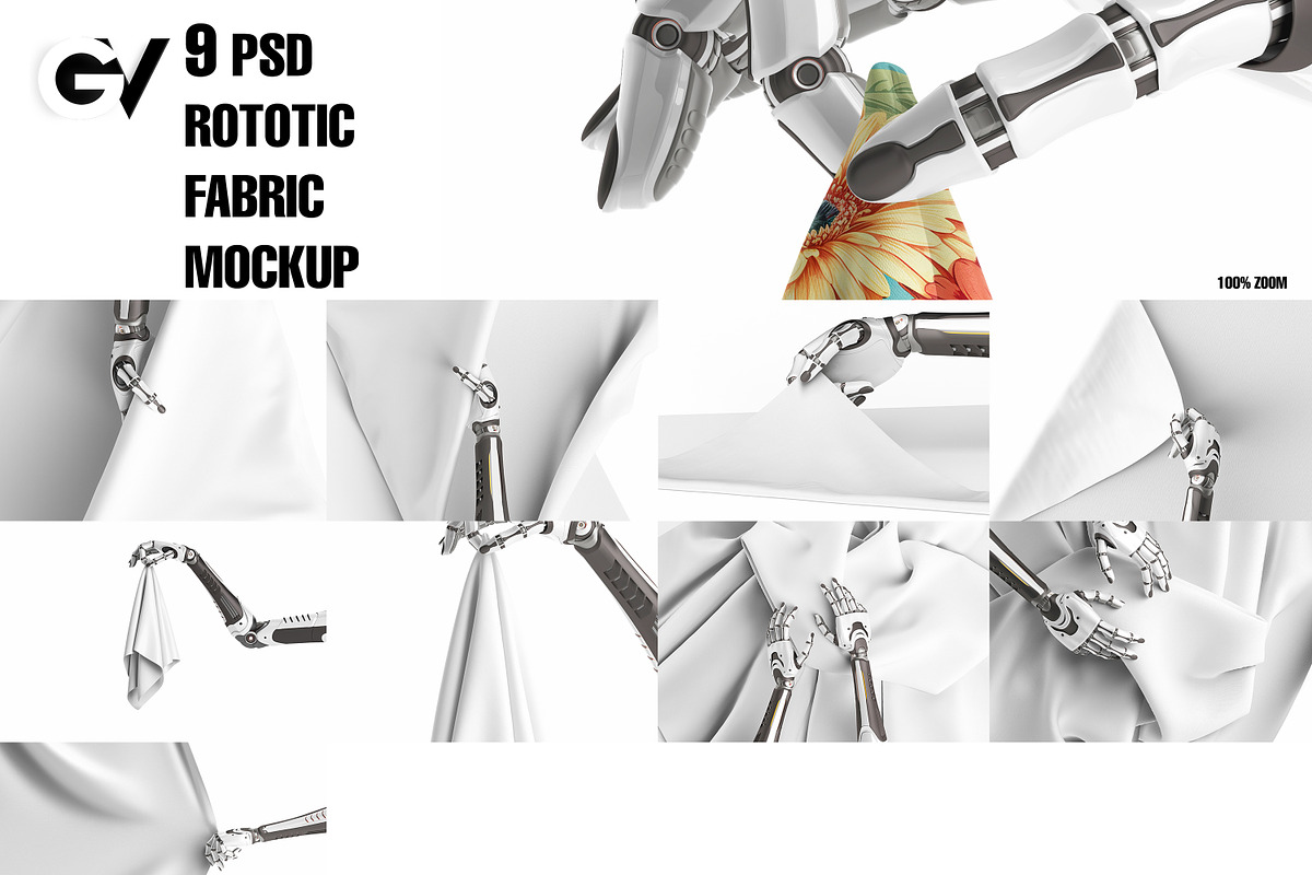 9 Robotic Arm Holding Fabric Mockup, a Mockup by GraphicVil (Photo 3 of 12)