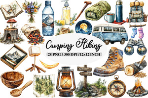 Watercolor Camping Hiking Clipart Bu, an Illustration by Daily.Designs