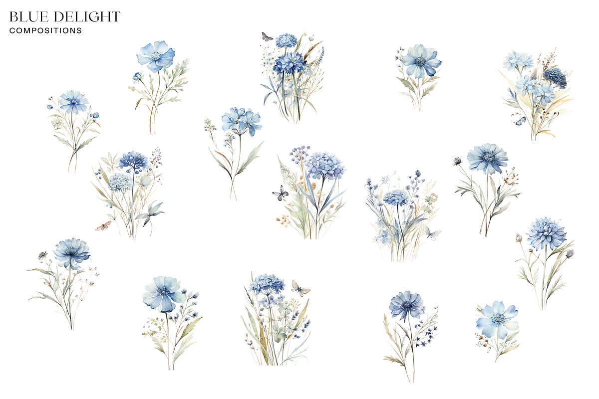 Dusty Blue Floral Clipart Watercolor, a Decorative Illustration by Patishop Art (Photo 3 of 7)