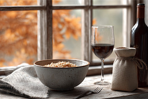 cozy autumn scene with a bowl of, a Food & Drink Photo by MistyDay