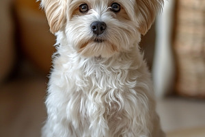 Adorable small white dog with fluffy fur sitting on a natural fiber rug indoors, an Animal Photo by ImageMir