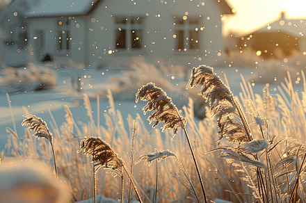 Winter landscape at sunset and house, a Nature Photo by Virgo Studio
