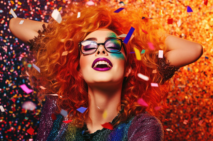 An image of a woman wearing a playful and whimsical New Year's c, a Person Photo by designvectx