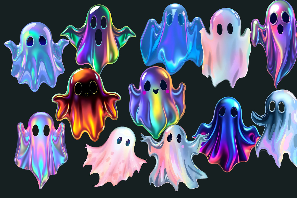 50 Holographic Ghosts Halloween PNG, an Object Graphic by UniqueMe (Photo 4 of 4)