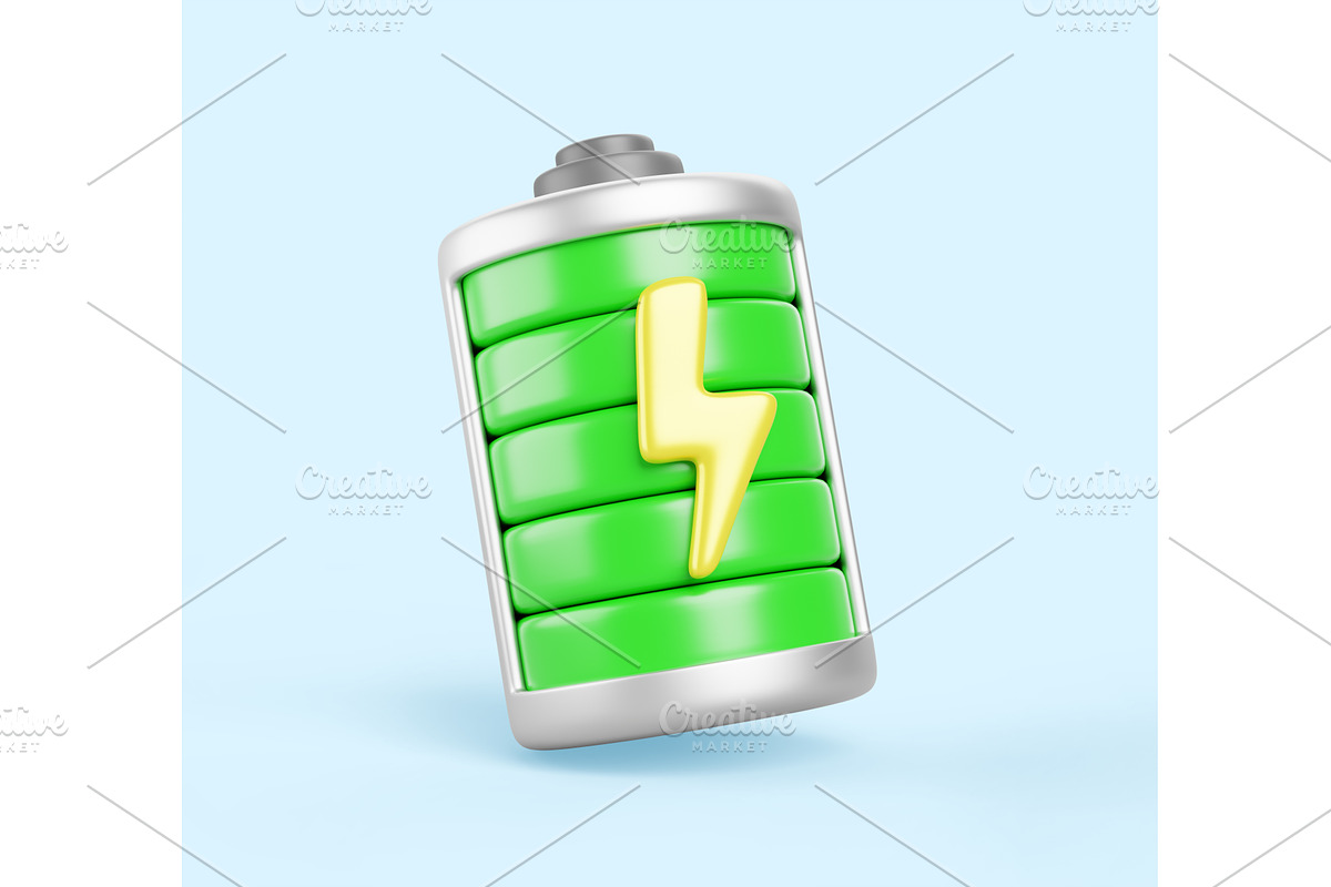 3d battery charge with full green, a Technology Illustration by Marozhkastudio