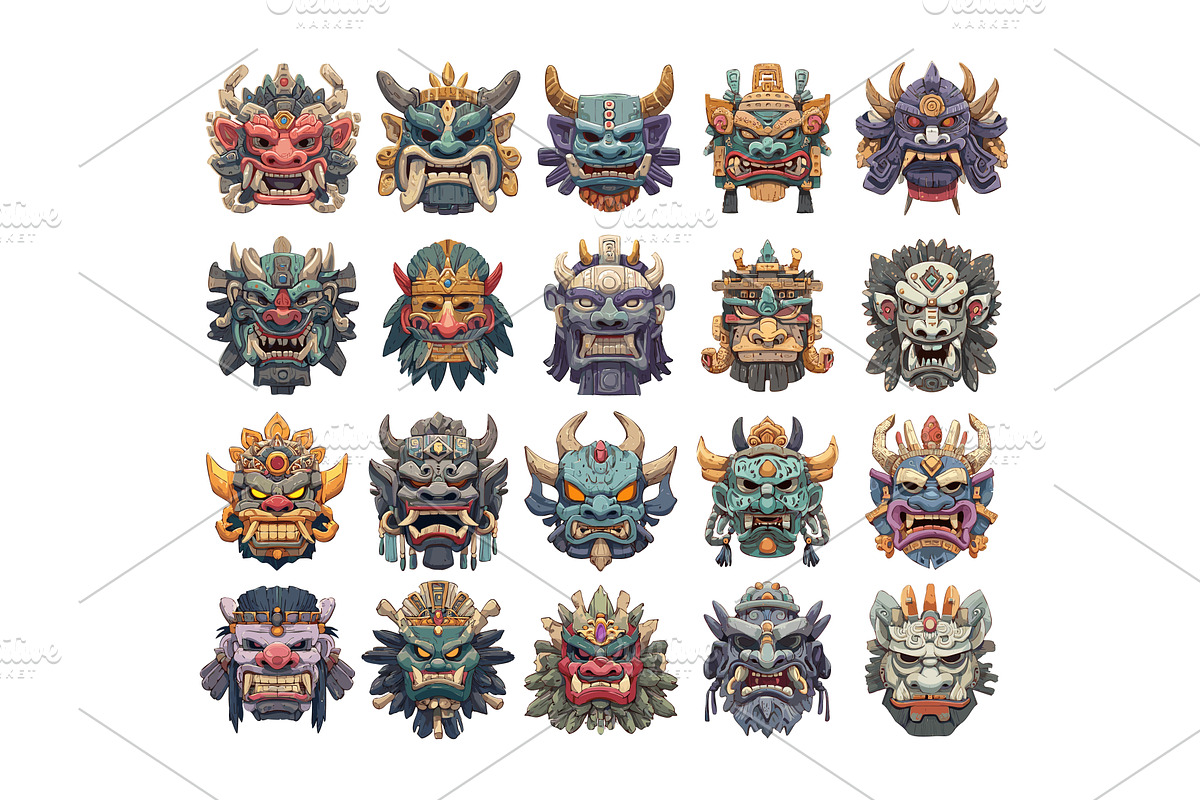 Japanese demon masks cartoon vector, an Object Illustration by Onyx