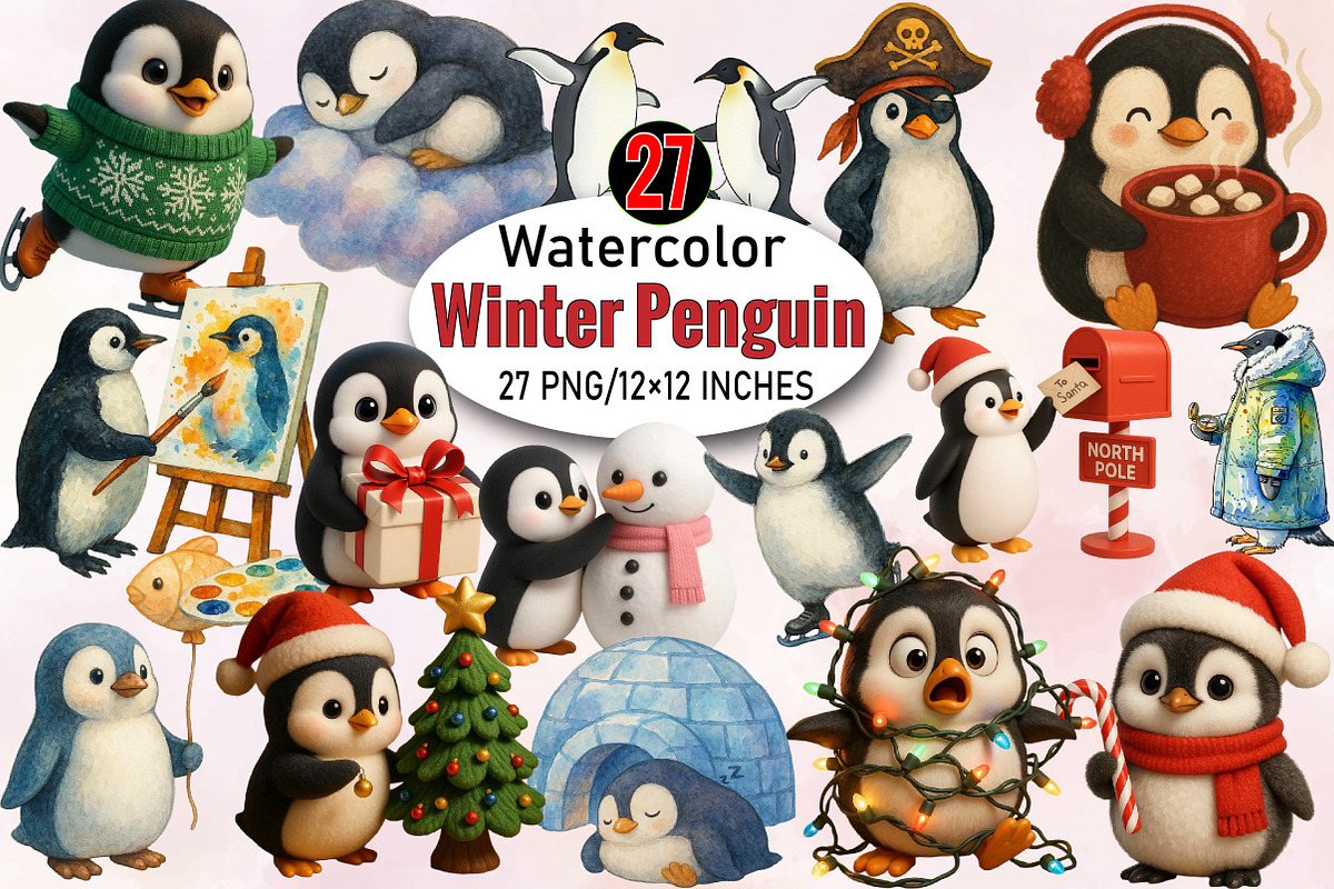 Winter Penguin Christmas Penguin Bun, an Illustration by SVGArt (Photo 1 of 8)