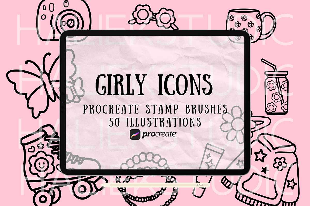 Girly Icons Procreate Brush Set, a Brush Add-On by HalieKStudio (Photo 1 of 9)