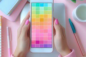 A woman with light skin holds a smartphone displaying a colorful gradient palet, a Photo by ImageMir
