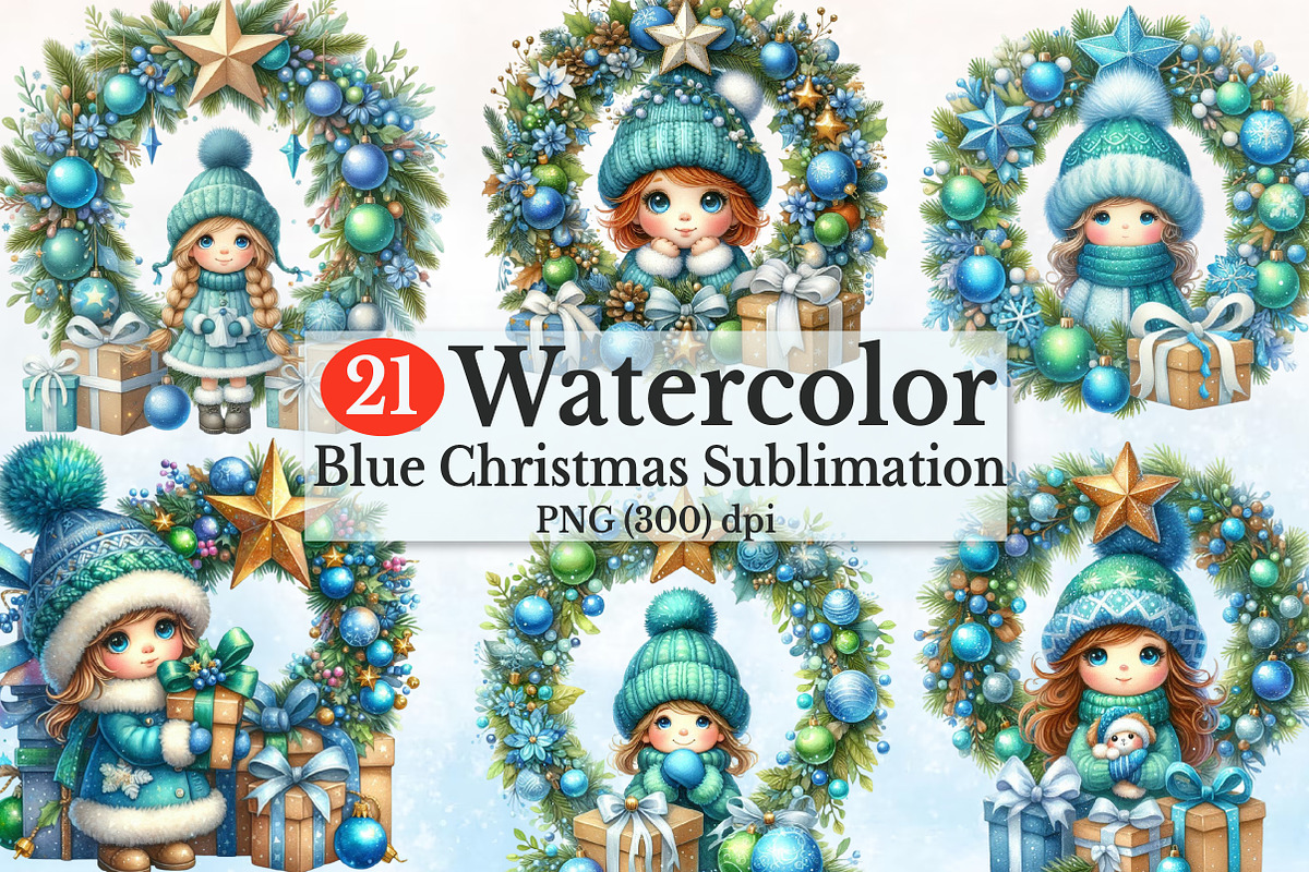 Whimsical Blue Girl Christmas Clipa, a Seasonal Illustration by Rose Art (Photo 1 of 5)