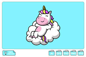 Cute Unicorn Laying On Cloud Cartoon