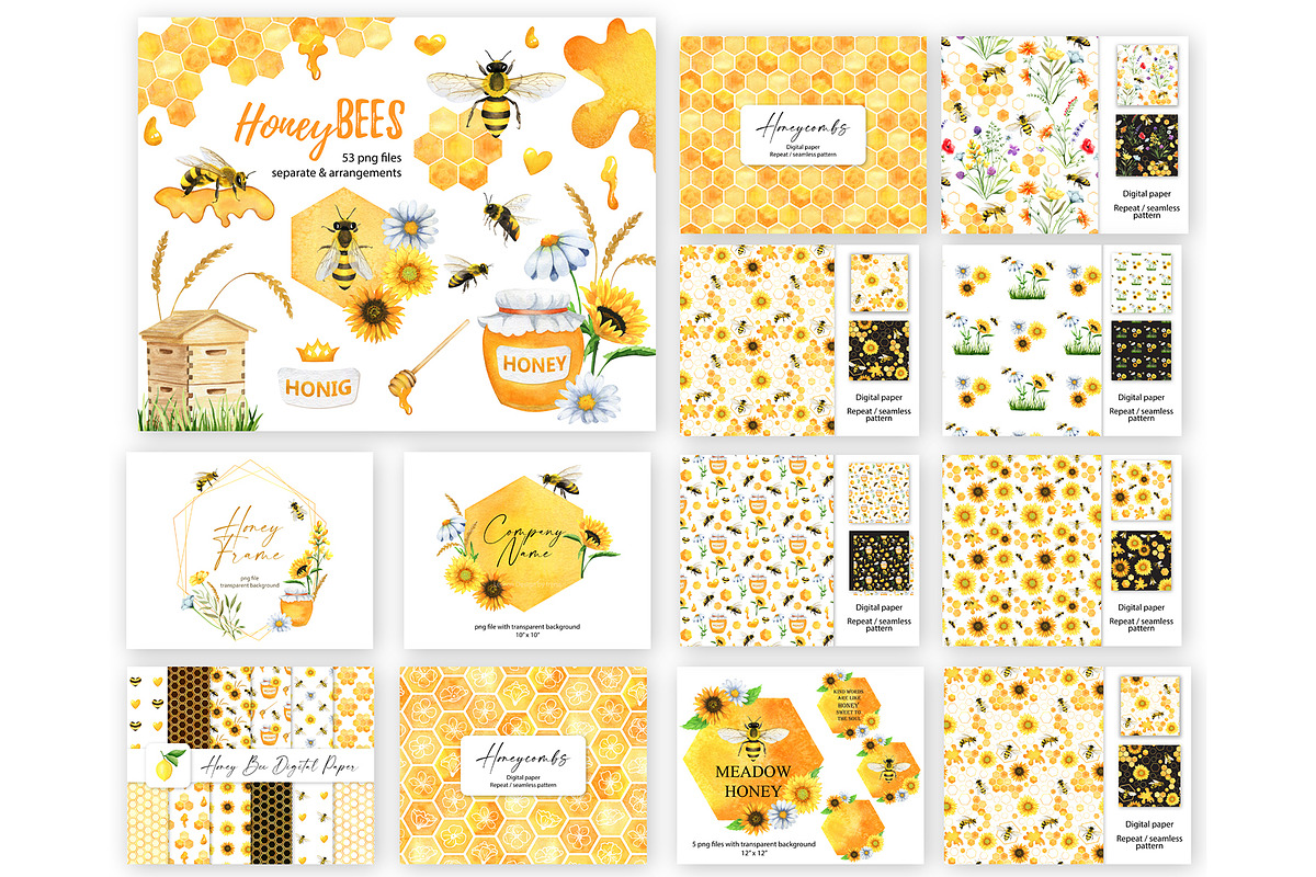 Honey Bee Watercolor Bundle, an Animal Illustration by Lemon design (Photo 1 of 10)