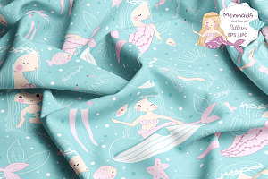 Cute Mermaids Seamless Patterns Set