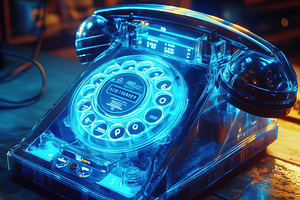 A vintage rotary phone with a transparent body illuminated by blue light, place, an Industrial Photo by Textures & Backgrounds