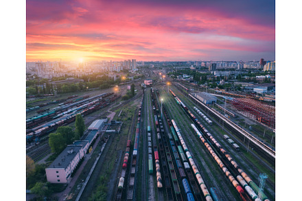 Aerial view of freight trains at, a Transportation Photo by den-belitsky