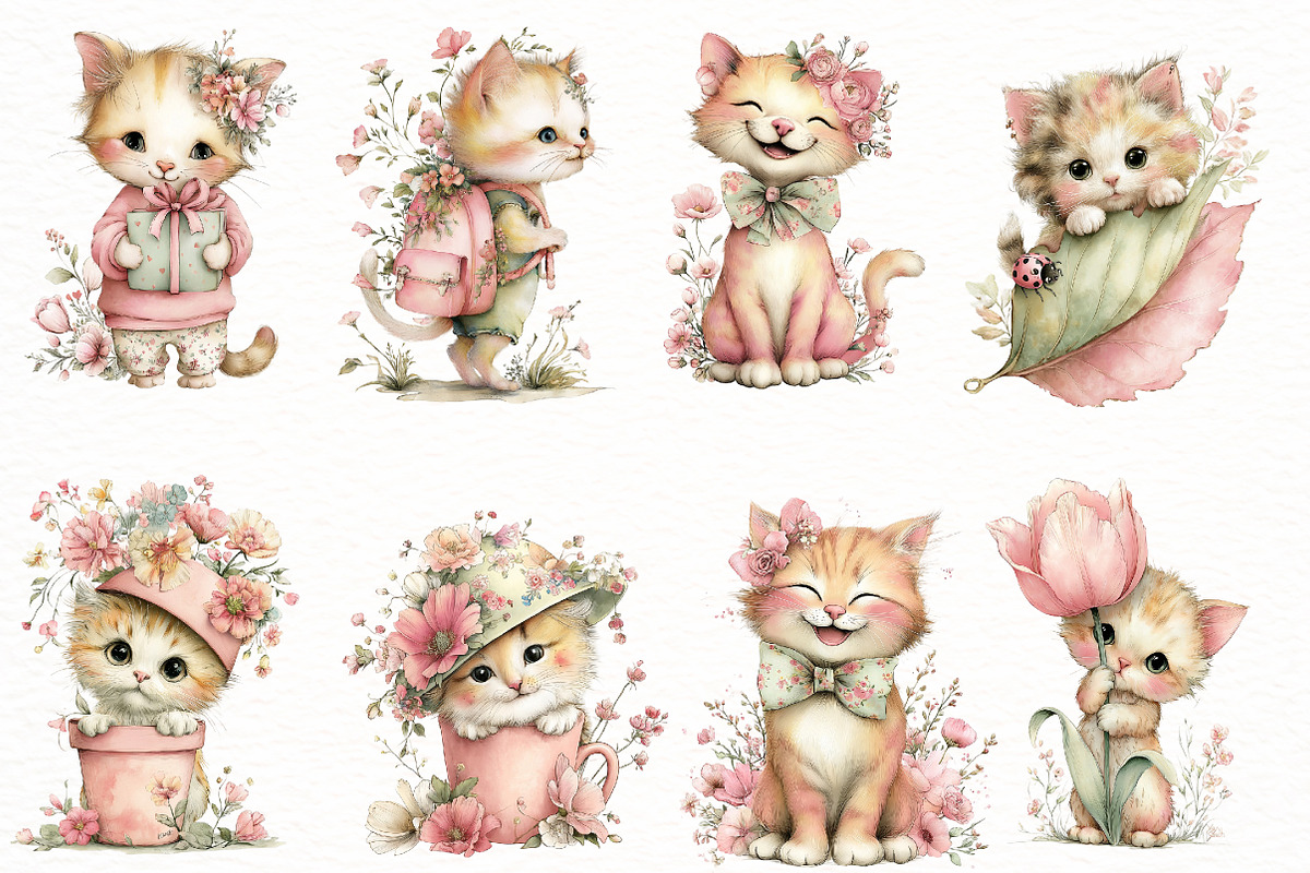 Whimsical Funny Spring Cat Clipart, an Illustration by Designworld (Photo 4 of 8)