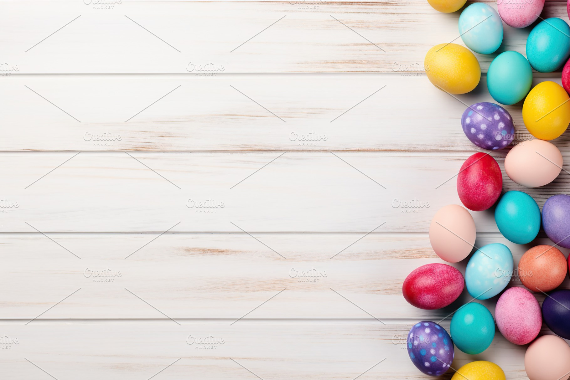 Colorful easter eggs on wooden background, a Holiday Photo by AlyaAnd