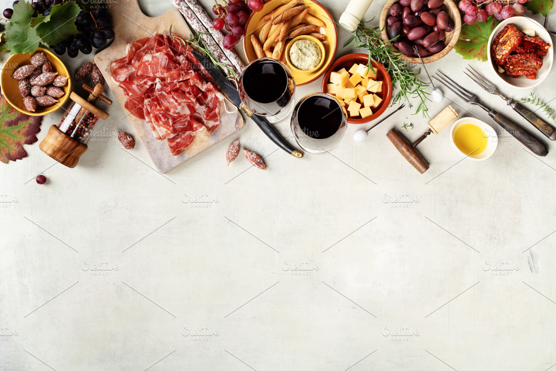 Charcuterie and Wine Border with Copy Space on Light Background, a Food & Drink Photo by Natalia Klenova's Shop