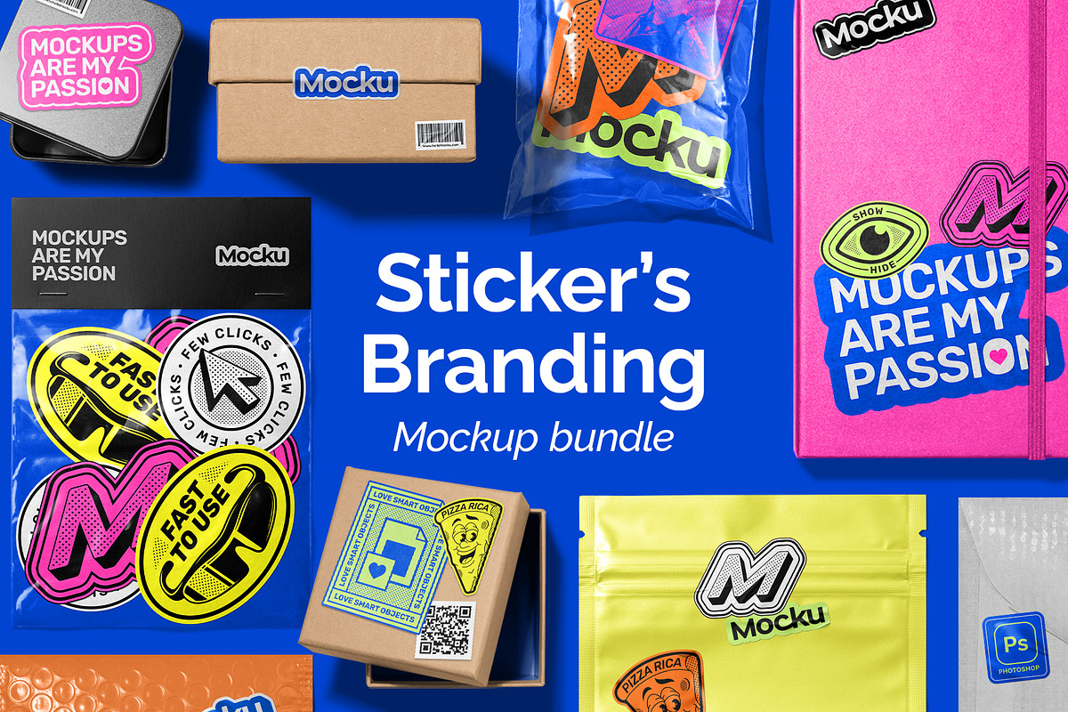 Sticker's Branding Mockup Bundle, a Packaging Mockup by Mocku (Photo 1 of 25)