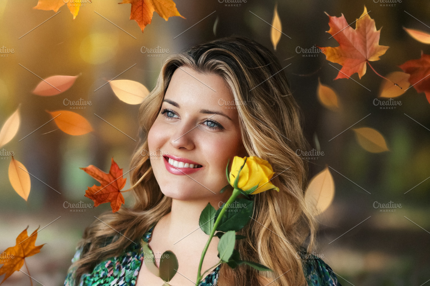 Young woman smiling, holding a yellow rose, with autumn leaves f, a Person Photo by Studio ANNA