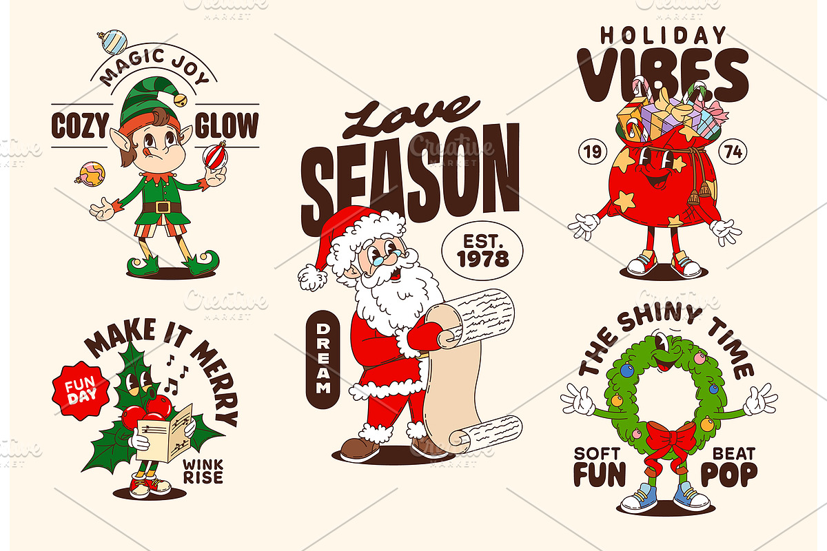 Christmas funny groovy characters re, an Illustration by Buch&Bee (Photo 2 of 3)
