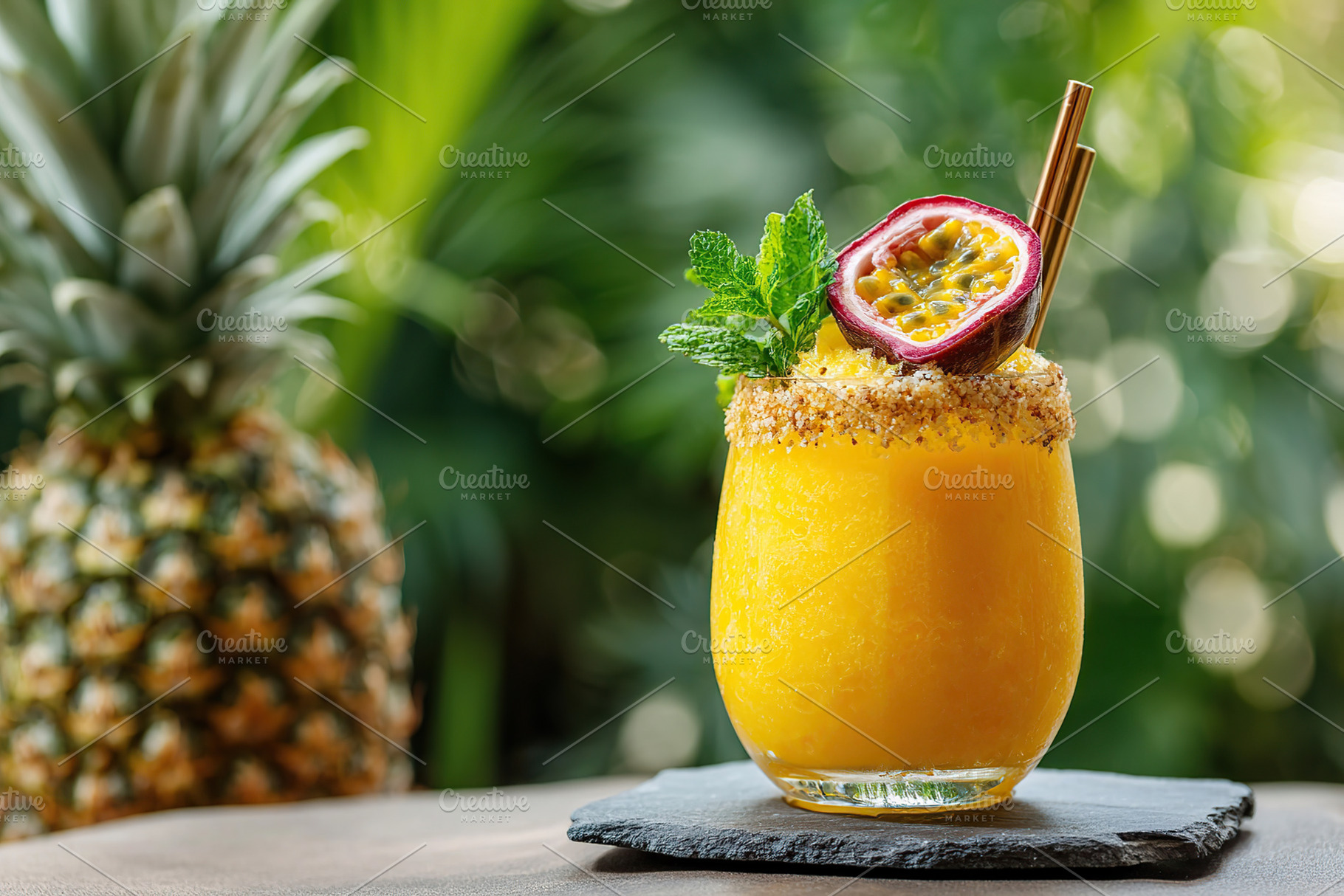 Pineapple drink topped with passion fruit and mint against a tropical backdrop, a Food & Drink Photo by AlyaAnd