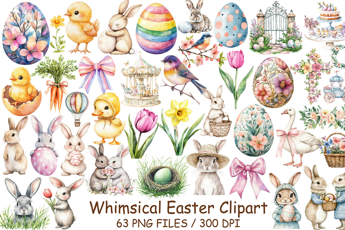 Watercolor Whimsical Easter Clipart, an Illustration by Design Market (Photo 1 of 4)