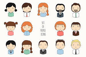 Set of people icons. Drawn faces.