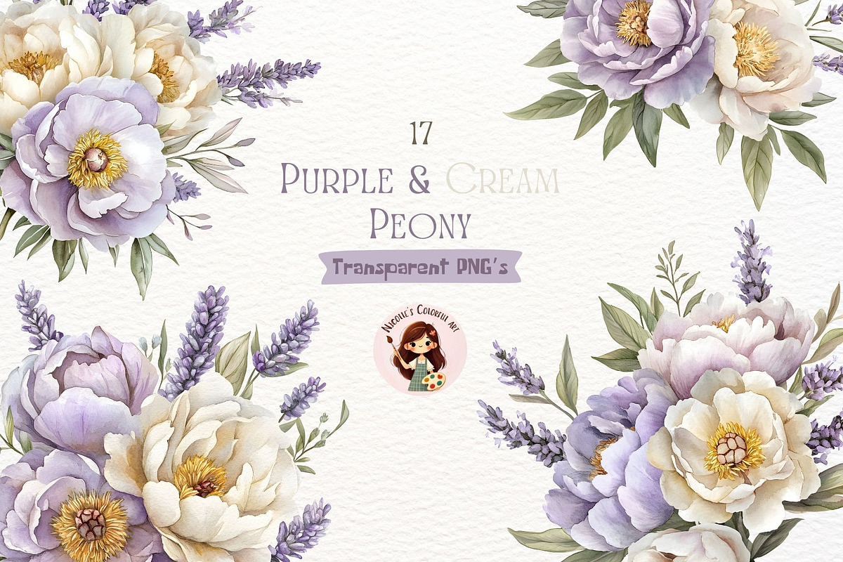 Watercolor Purple Peony Clipart, a Decorative Illustration by Nicolle's Colorful Art (Photo 1 of 6)