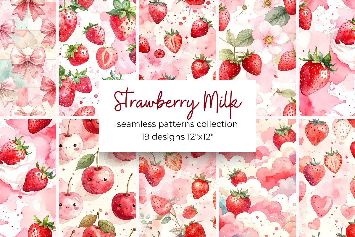 Strawberry Milk Seamless Patterns, a Pattern Graphic by Anna Design Studio (Photo 1 of 6)