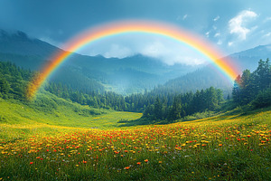 Beautiful rainbow on top of green forest and mountains, a Photo by AlyaAnd