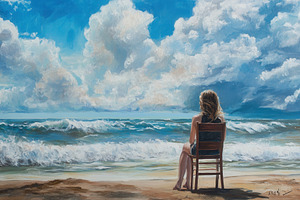 A woman sits on a chair at the beach, a Photo by Pavel_design