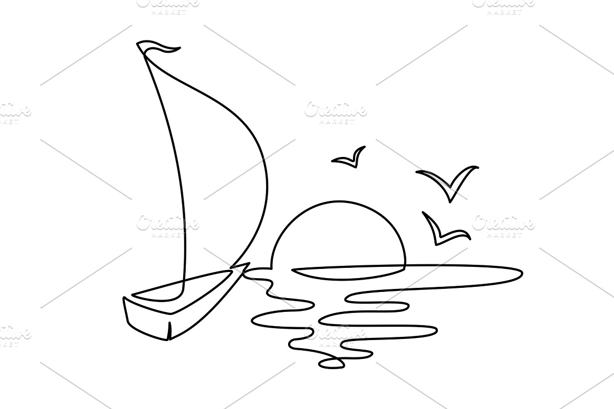 Sailboat in sea with Sun. Continuous, a Transportation Illustration by Valenty
