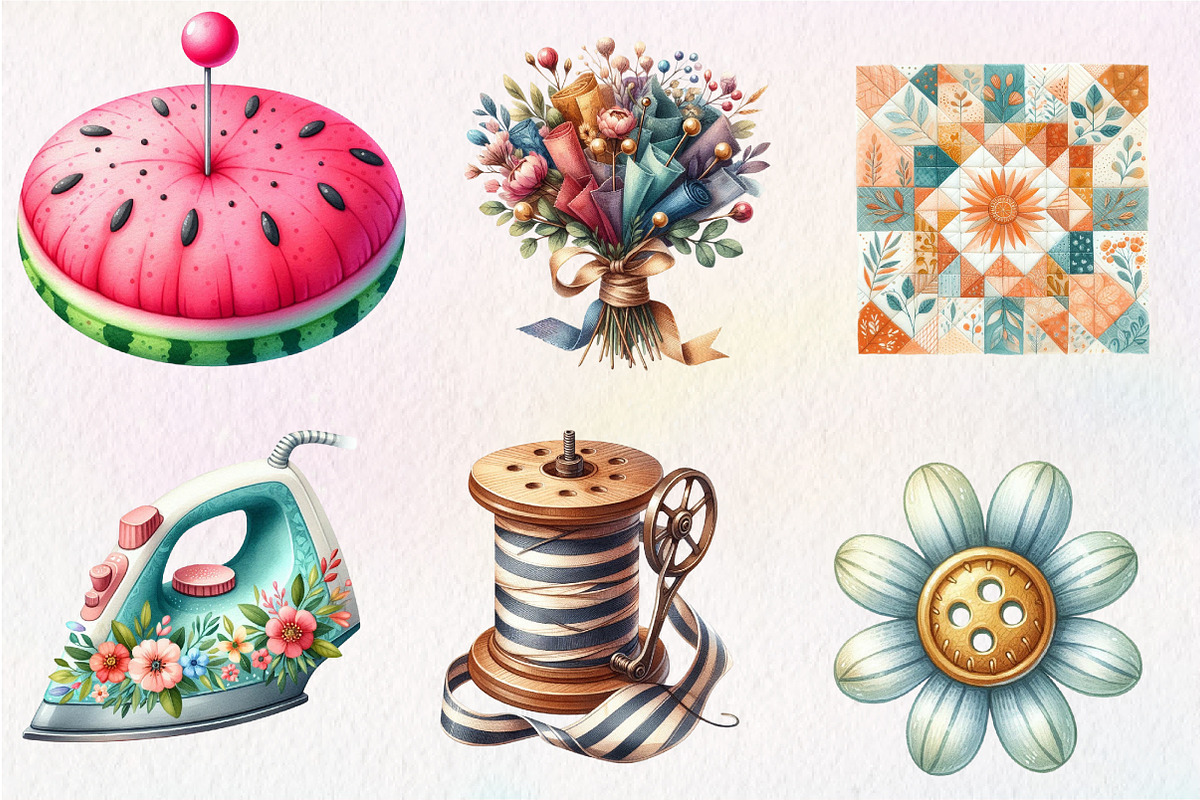 Watercolor Summer Sewing Clipart, an Illustration by CreationArt (Photo 3 of 5)