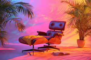Cozy chair with blanket inviting relaxation amidst colorful lighting and green, a Photo by AlyaAnd