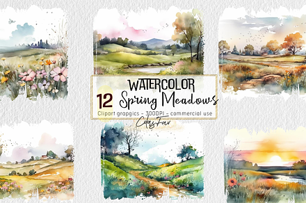 Watercolor Spring Meadows Clipart