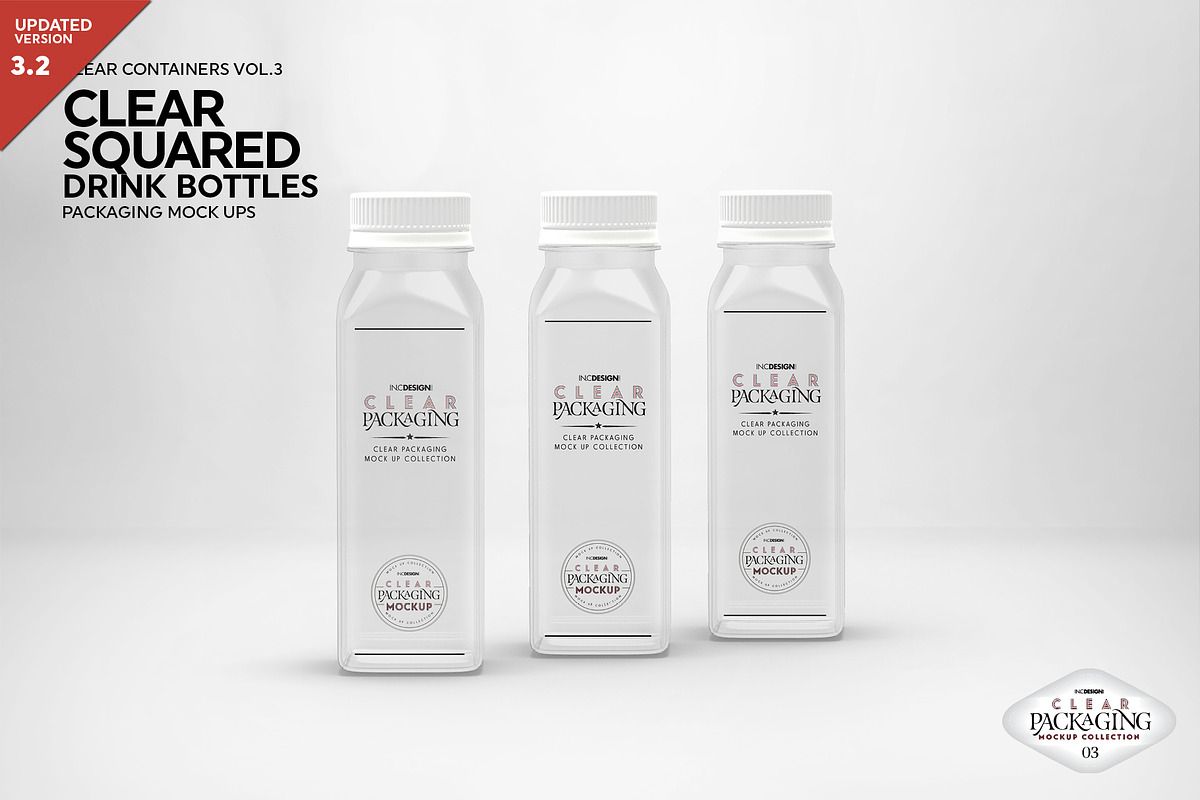 Clear Squared Bottles Mockup, a Packaging Mockup by INCDesign (Photo 2 of 8)