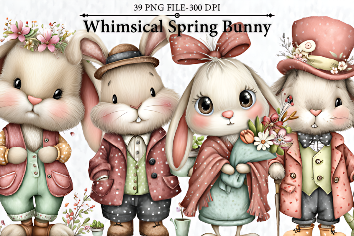 Whimsical Spring Bunny Clipart, a Seasonal Illustration by HueNestify (Photo 1 of 3)