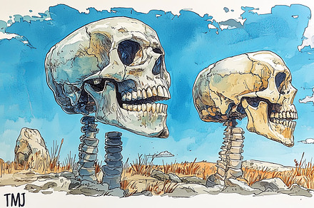 Surreal landscape with giant skulls and clear blue sky, an Illustration by AS photostudio