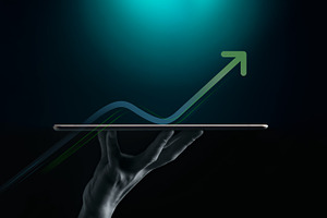 A hand presents a digital tablet beneath a rising graph and arro, a Photo by salmon.black