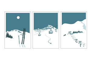 Modern retro ski posters, snowboard
